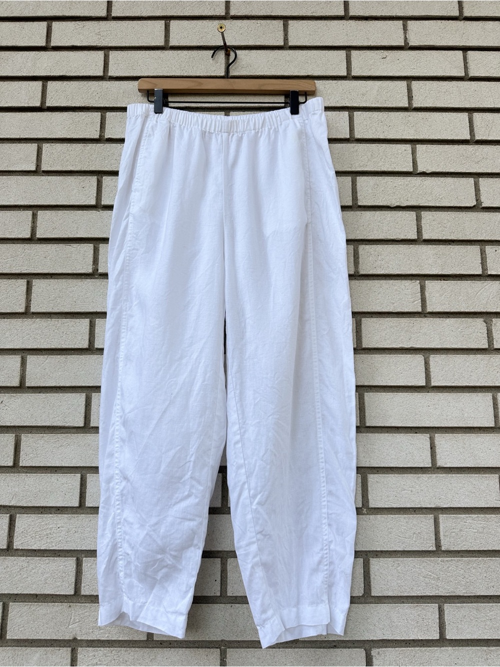 Eileen Fisher White Organic Linen Lantern Barrel Ankle Pants PL Pockets Coastal